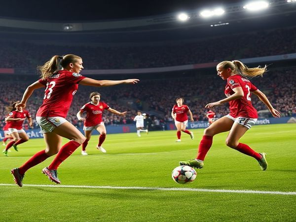 A high-definition image capturing an intense women's football match between Manchester United Women and OL Lyon. The scene features a dynamic on-field confrontation, with Manchester United players in their classic red kit showcasing aggressive pressing against Lyon’s poised, possession-focused strategy. Relentless energy and strategic depth are on display, with standout players Ella Toone and Ada Hegerberg illuminated in action amidst a roaring crowd in a dramatic stadium under a starlit sky. The atmosphere buzzes with anticipation and passion, encapsulating the essence of the Women's Champions League.