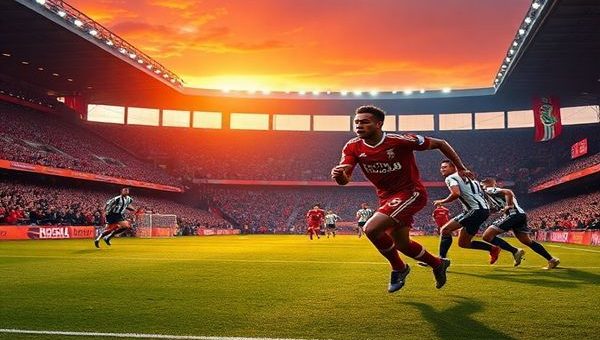 A high-definition image depicting the intense atmosphere of a Premier League match between Liverpool and Sunderland at Anfield, December 2025. The scene captures Liverpool's dynamic attacking play with Mohamed Salah sprinting down the wing, the roaring crowd in the background set against the iconic red and white colors of both teams. Sunderland players are positioned defensively, ready for a counter-attack, while the bright stadium lights emphasize the electric energy of the game. Include banners and flags waving, and a dramatic sunset casting vibrant colors over the pitch.