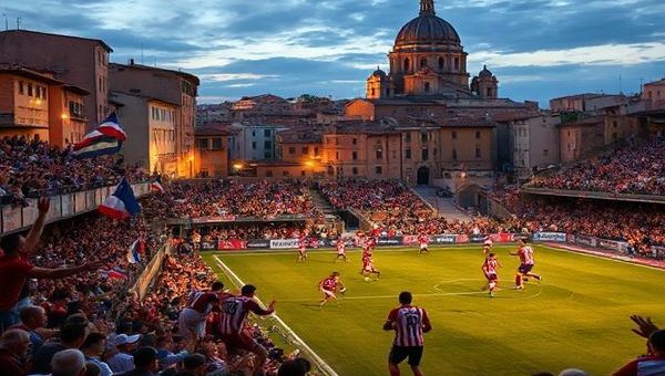 A high-definition image depicting a vibrant football scene in the historic city of Verona. The setting showcases the iconic architecture of Romeo and Juliet, bathed in warm twilight hues. In the foreground, two teams, Verona and Atalanta, engage in a tense and dynamic match; Verona's players embody resilience in their disciplined formation, while Atalanta's squad dazzles with their fluid and attacking style. The stands are filled with passionate fans waving flags and banners, radiating energy and excitement, creating a captivating atmosphere for this crucial Serie A clash.