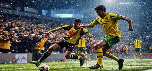 A high-definition image depicting an intense Championship football match between Watford and Norwich, set in a chilly December evening in 2025. The scene showcases dynamic players in vibrant yellow and green uniforms, with Watford's aggressive forward making a swift dash towards the goal while Norwich's elegant midfielder orchestrates a counterattack. The stadium is alive with passionate fans waving scarves, the atmosphere electric with anticipation. Snowflakes fall softly, glimmering in the stadium lights, capturing the essence of English football's rugged nature amidst tactical mastery.