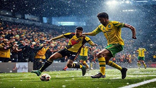 A high-definition image depicting an intense Championship football match between Watford and Norwich, set in a chilly December evening in 2025. The scene showcases dynamic players in vibrant yellow and green uniforms, with Watford's aggressive forward making a swift dash towards the goal while Norwich's elegant midfielder orchestrates a counterattack. The stadium is alive with passionate fans waving scarves, the atmosphere electric with anticipation. Snowflakes fall softly, glimmering in the stadium lights, capturing the essence of English football's rugged nature amidst tactical mastery.