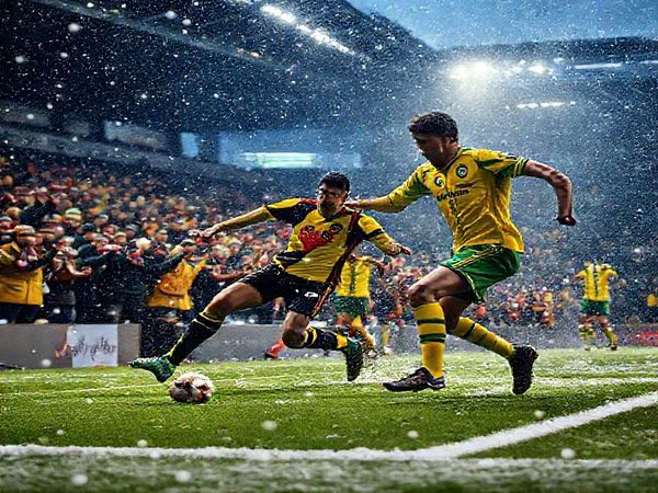 A high-definition image depicting an intense Championship football match between Watford and Norwich, set in a chilly December evening in 2025. The scene showcases dynamic players in vibrant yellow and green uniforms, with Watford's aggressive forward making a swift dash towards the goal while Norwich's elegant midfielder orchestrates a counterattack. The stadium is alive with passionate fans waving scarves, the atmosphere electric with anticipation. Snowflakes fall softly, glimmering in the stadium lights, capturing the essence of English football's rugged nature amidst tactical mastery.