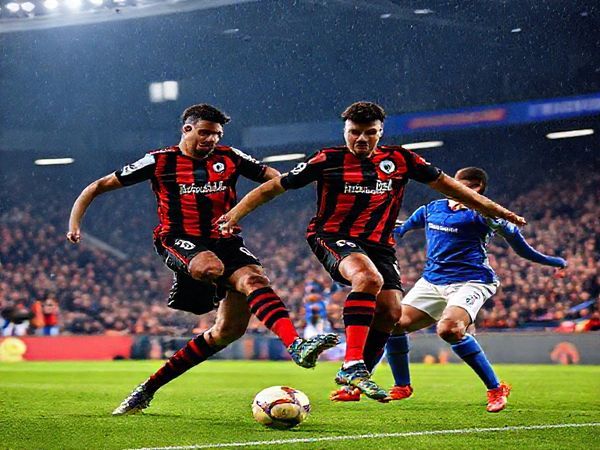 A vibrant football scene capturing a tense Premier League match between AFC Bournemouth and Everton at Vitality Stadium in December 2025. The image should show dynamic action with Bournemouth's agile players pressing high and utilizing the flanks against Everton's organized defense. Emphasize the electric atmosphere with passionate fans in the stands, team colors, and dramatic expressions on the players' faces. Make sure the image is in high definition.