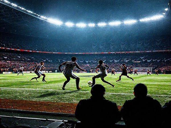A high-definition scene depicting a dramatic football match at the Ricoh Arena under floodlights, showcasing the clash between Midtjylland and Genk. The pitch is glistening with frost, with players like Evander and Mike Tresor in dynamic action, embodying strategic confrontation and fluid gameplay. Tension fills the air as fan banners wave in support, representing the cultures and philosophies of both teams. In the background, the silhouettes of intense coaches strategizing from the sidelines hint at the tactical masterpiece unfolding.