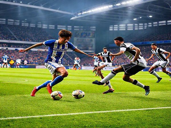 High definition image of a dramatic football match at Pride Park Stadium, featuring opposing teams Derby County in vibrant blue and Millwall in bold white, engaged in an intense battle for possession. Highlight the youthful energy of Derby's Jamie White, darting forward with determination, against Millwall’s disciplined defense led by Ben Thompson, set against a backdrop of passionate fans in the stands. The scene should capture the electric atmosphere of December 2025, emphasizing the clash of styles - Derby's attacking vigor clashing with Millwall's tactical rigor.