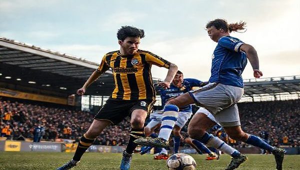 A high-definition image depicting an intense football match between Barnet and Bristol Rovers under a crisp, winter sky in December 2025. The scene captures the vibrant yellow and black of Barnet's team clashing with the deep blue of Bristol Rovers, showcasing athletic players engaged in a dynamic play. In the foreground, Barnet's Jamie Lang expertly maneuvers the ball while Rovers’ captain Jackson Reid positions defensively, creating a dramatic interplay of attack versus defense. The stadium is alive with passionate fans, some with face paint, and banners swirling in the winter breeze, adding to the electric atmosphere of this strategic encounter on the pitch.