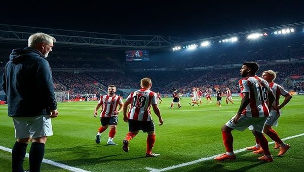 A dramatic football scene set on a crisp December night, showcasing a tense moment from the Bundesliga match between Cologne and St Pauli. Highlight the contrasting styles: Cologne's gritty, resilient players in a compact formation, with manager Lukas Podolski observing passionately, versus St Pauli's dynamic, playful team under Timo Schultz, launching a creative attack led by Jadon Sancho Jr. Vivid stadium lights illuminate the field, capturing the intensity and anticipation of the match, filled with enthusiastic fans. Ensure the image is in high definition.