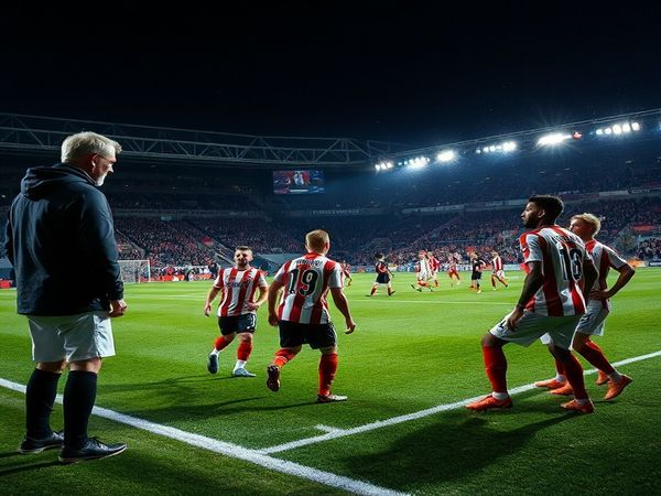 A dramatic football scene set on a crisp December night, showcasing a tense moment from the Bundesliga match between Cologne and St Pauli. Highlight the contrasting styles: Cologne's gritty, resilient players in a compact formation, with manager Lukas Podolski observing passionately, versus St Pauli's dynamic, playful team under Timo Schultz, launching a creative attack led by Jadon Sancho Jr. Vivid stadium lights illuminate the field, capturing the intensity and anticipation of the match, filled with enthusiastic fans. Ensure the image is in high definition.