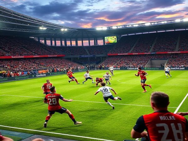 High definition image of a dynamic football clash at the Voith-Arena, depicting Heidenheim and Freiburg players in action, showcasing the intensity of a Bundesliga match in December 2025. Capture the vibrant atmosphere with fans cheering, a tense midfield battle, and the teams’ contrasting styles—Heidenheim’s high-energy pressing against Freiburg’s tactical finesse. Include details like players’ jerseys, the lush green pitch, and a bright evening sky to evoke the excitement of the game.
