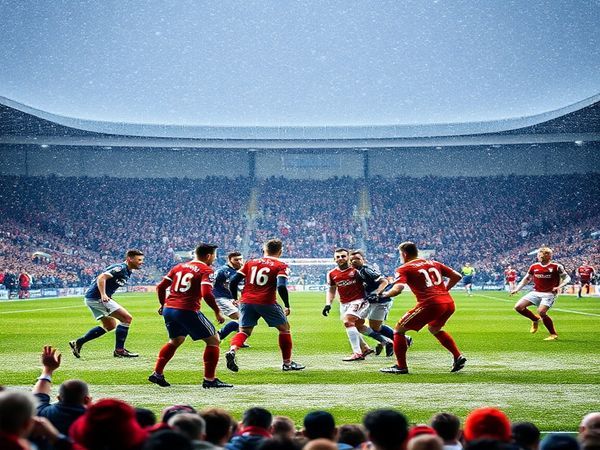 A dramatic football match scene set in a vibrant, snow-dusted stadium. On one side, Shrewsbury's players, in navy uniforms, exhibit calm concentration, displaying a strategic formation, while their determined center-back, Marshall, organizes his teammates with focused intensity. Opposite, Grimsby's spirited players in bright red uniforms press forward with fiery enthusiasm, led by the dynamic forward, Jones, ready to exploit any openings. The crowd, a sea of mixed colors and excitement, echoes the tension of this strategic showdown, framed by wintry weather and illuminated by stadium lights. Capture the contrasting styles of calculated defense versus energetic offense in high definition.