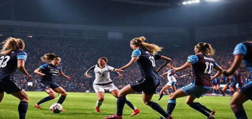 A dynamic football scene set in a packed stadium under the North London lights, showcasing Tottenham Hotspur Women in their navy blue kits, passionately battling against Aston Villa Women in claret and blue. The intensity of the match is palpable, with skilled players executing a tactical play in the midfield, while fans cheer wildly in the background. High definition, capturing every detail of the players' expressions, the vibrant colors of the kits, and the electric atmosphere of this pivotal Women's Super League clash on December 7, 2025.