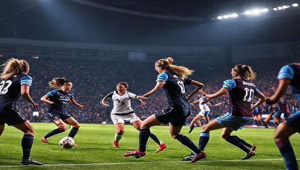 A dynamic football scene set in a packed stadium under the North London lights, showcasing Tottenham Hotspur Women in their navy blue kits, passionately battling against Aston Villa Women in claret and blue. The intensity of the match is palpable, with skilled players executing a tactical play in the midfield, while fans cheer wildly in the background. High definition, capturing every detail of the players' expressions, the vibrant colors of the kits, and the electric atmosphere of this pivotal Women's Super League clash on December 7, 2025.