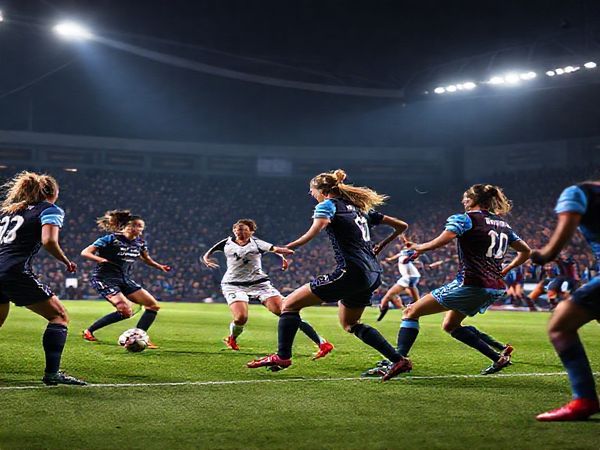 A dynamic football scene set in a packed stadium under the North London lights, showcasing Tottenham Hotspur Women in their navy blue kits, passionately battling against Aston Villa Women in claret and blue. The intensity of the match is palpable, with skilled players executing a tactical play in the midfield, while fans cheer wildly in the background. High definition, capturing every detail of the players' expressions, the vibrant colors of the kits, and the electric atmosphere of this pivotal Women's Super League clash on December 7, 2025.