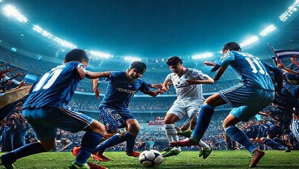 A high-definition image depicting a dramatic football match between Real Madrid and Celta Vigo, set in the majestic Santiago Bernabéu stadium. The scene captures the intense atmosphere of December, with passionate fans waving banners and scarves. Players from both teams, including the iconic Vinícius Júnior in a royal blue kit and Iago Aspas in a celestial blue, are engaged in a fierce battle for possession of the ball. The contrasting styles of play are illustrated: Madrid’s tactical elegance versus Celta’s spirited determination. Above, the night sky is lit with vibrant stadium floodlights, symbolizing the anticipation of this epic clash in La Liga.