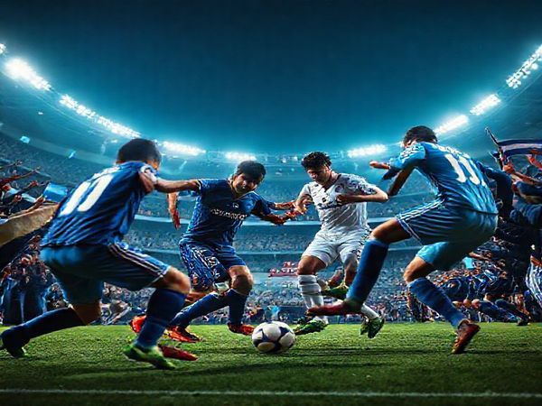 A high-definition image depicting a dramatic football match between Real Madrid and Celta Vigo, set in the majestic Santiago Bernabéu stadium. The scene captures the intense atmosphere of December, with passionate fans waving banners and scarves. Players from both teams, including the iconic Vinícius Júnior in a royal blue kit and Iago Aspas in a celestial blue, are engaged in a fierce battle for possession of the ball. The contrasting styles of play are illustrated: Madrid’s tactical elegance versus Celta’s spirited determination. Above, the night sky is lit with vibrant stadium floodlights, symbolizing the anticipation of this epic clash in La Liga.