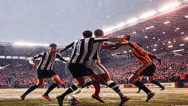 High definition image of a dramatic football match scene under a snowy Scottish sky, featuring the St Mirren team in their traditional black and white stripes, fiercely defending against the vibrant orange and black of Dundee United as players clash in a strategic midfield battle. The iconic Paisley stadium is packed with passionate fans, flags waving, and a chilly atmosphere that enhances the intensity of the game. Bright stadium lights illuminate the pitch, capturing the tension and excitement of a critical Scottish Premiership fixture in December 2025.