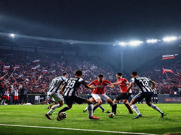 A high-definition image of a dramatic football match between Nice and Angers under the floodlights, showcasing the fierce intensity on the pitch. The scene captures the vibrant colors of the teams' jerseys as players clash in a tactical battle, with Nice's attackers poised to break through Angers' disciplined defense. In the background, an enthusiastic crowd waves flags in a crisp December night, emphasizing the excitement and anticipation of the clash. The atmosphere should be electric, with a blend of joy, tension, and passion for the beautiful game.