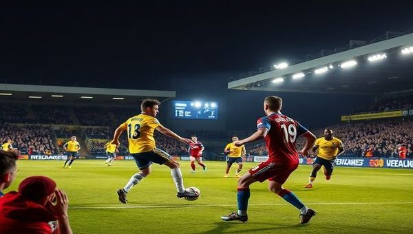 A high-definition image capturing the thrilling atmosphere of an FA Cup match between Sutton United and Shrewsbury Town under bright floodlights on a crisp December evening. The scene depicts passionate fans in the stands, each team in vibrant kits, with a spotlight on Sutton's captain showcasing determination, and Shrewsbury's agile winger poised for an explosive counter-attack. The pitch is lively with players engaged in a tactical ballet, and the scoreboard in the background hints at the intensity of the moment.