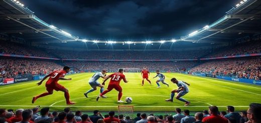 "Create a high-definition image depicting an intense football match between Lincoln Red Imps and Sigma Olomouc under the floodlights of a vibrant stadium. Capture the contrasting styles: Lincoln Red Imps showcasing their gritty defensive formation, with players in red and white jerseys fiercely organized, while Sigma Olomouc, in blue and white, displays their dynamic and technical offensive play, with fluid movement and precise passing. The crowd is buzzing with excitement, national flags waving, and the night sky filled with anticipation for the thrilling clash."