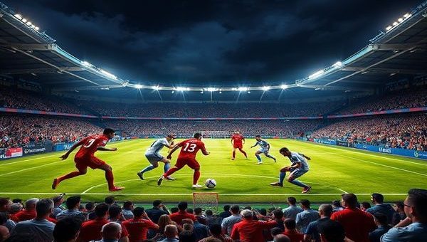 "Create a high-definition image depicting an intense football match between Lincoln Red Imps and Sigma Olomouc under the floodlights of a vibrant stadium. Capture the contrasting styles: Lincoln Red Imps showcasing their gritty defensive formation, with players in red and white jerseys fiercely organized, while Sigma Olomouc, in blue and white, displays their dynamic and technical offensive play, with fluid movement and precise passing. The crowd is buzzing with excitement, national flags waving, and the night sky filled with anticipation for the thrilling clash."