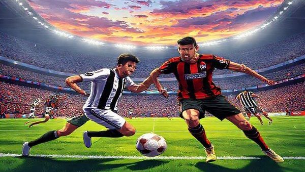 A high-definition illustration capturing the intense clash between Udinese and Genoa on a vibrant football pitch. The scene features players exhibiting their contrasting styles: Udinese in dynamic, rapid motion showcasing quick transitions, and Genoa embodying a robust defensive formation with stoic intensity. The background reveals a bustling stadium filled with passionate fans, under bright stadium lights, symbolizing the dramatic atmosphere of a Serie A showdown. Include a vivid sky at dusk to amplify the electric energy of the match.