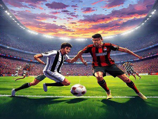 A high-definition illustration capturing the intense clash between Udinese and Genoa on a vibrant football pitch. The scene features players exhibiting their contrasting styles: Udinese in dynamic, rapid motion showcasing quick transitions, and Genoa embodying a robust defensive formation with stoic intensity. The background reveals a bustling stadium filled with passionate fans, under bright stadium lights, symbolizing the dramatic atmosphere of a Serie A showdown. Include a vivid sky at dusk to amplify the electric energy of the match.