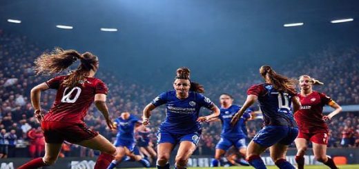 A high-definition image capturing the intense moment of a dynamic football match between Chelsea Women and Roma Women in December 2025. The scene is set in a bustling stadium with fans passionately cheering in the stands, vibrant blue and red jerseys representing both teams. On the pitch, key players Sam Kerr and Fran Kirby from Chelsea sprint forward with determination, while Annamaria Serturini and Benedetta Glionna from Roma prepare to defend. The atmosphere is electric, with bright floodlights illuminating the action, showcasing the blend of skill, strategy, and passion in women's football.
