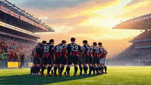 "Create a high-definition image capturing the dramatic scene of a December afternoon FA Cup match between Slough Town and Macclesfield FC. The stadium is alive with vibrant colors, showcasing passionate fans wearing team jerseys, banners waving in the winter breeze, and a frosty pitch glistening under the low sun. Illustrate Slough's gritty players in a huddle, displaying determination, contrasted with Macclesfield’s tacticians calmly plotting their strategy. The atmosphere is electric with anticipation, capturing the essence of sporting competition and the magic of the FA Cup."