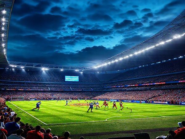High-definition image of a dramatic football stadium under the night sky, filled with cheering fans, vibrant team colors, showcasing Ipswich Town in blue and Stoke City in red clashing on the field. The atmosphere is electric, with players in dynamic action, tactical formations visible, and a scoreboard showing the date December 10, 2025. Capture the intensity and passion of Championship football as Ipswich presses forward against Stoke’s solid defense.