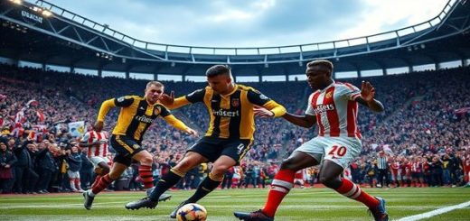 A high-definition scene of an intense FA Cup match between Gateshead and Walsall, set in a frosty December evening. The stadium, filled with passionate fans waving scarves, contrasts the snowy backdrop. Players in vibrant team uniforms battle fiercely for possession, with Gateshead's midfield maestro Callum Hardy strategically intercepting a pass while Walsall's youthful prodigy Tyrese Bailey makes a dynamic run. The atmosphere radiates energy and anticipation, capturing the essence of underdogs fighting for glory. A dramatic sky looms above, hinting at the unpredictable outcome of this thrilling football clash.