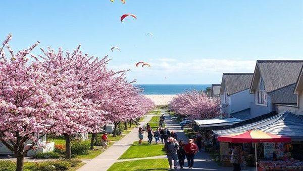 A breathtaking high-definition scene of Waiuku during spring, showcasing vibrant blossoms lining the charming streets and lush parks. Include Karioitahi Beach in the background, where people are joyfully flying kites under a sunny sky. Capture the essence of community with a local market bustling with fresh produce and artisanal goods. The overall atmosphere should reflect a rejuvenating, inviting vibe, celebrating the beauty of nature and the charm of small-town life.