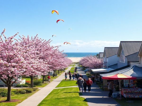 A breathtaking high-definition scene of Waiuku during spring, showcasing vibrant blossoms lining the charming streets and lush parks. Include Karioitahi Beach in the background, where people are joyfully flying kites under a sunny sky. Capture the essence of community with a local market bustling with fresh produce and artisanal goods. The overall atmosphere should reflect a rejuvenating, inviting vibe, celebrating the beauty of nature and the charm of small-town life.