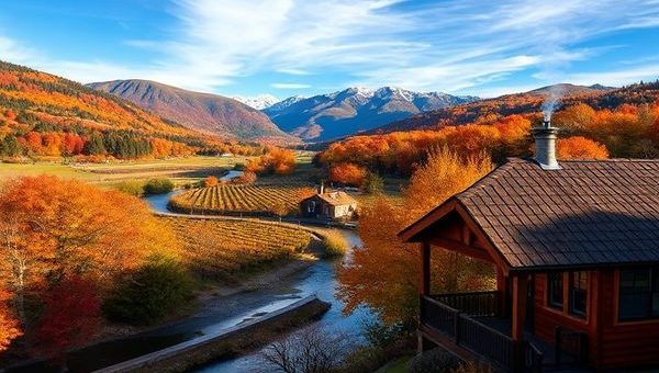 "A breathtaking view of Alexandra, New Zealand, showcasing the stunning autumn foliage with rich reds, golds, and oranges contrasting against the deep blue sky. In the foreground, a peaceful river flows, reflecting the vibrant colors of the trees, while quaint vineyards dot the landscape. A cozy wooden cabin with smoke gently rising from the chimney sits nearby, inviting visitors to relax. Make the image in high definition."