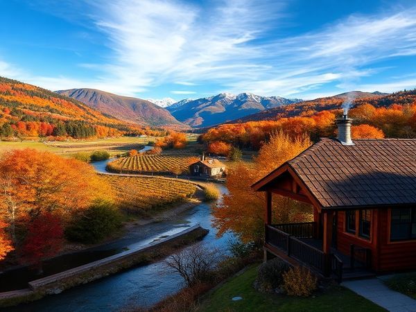 "A breathtaking view of Alexandra, New Zealand, showcasing the stunning autumn foliage with rich reds, golds, and oranges contrasting against the deep blue sky. In the foreground, a peaceful river flows, reflecting the vibrant colors of the trees, while quaint vineyards dot the landscape. A cozy wooden cabin with smoke gently rising from the chimney sits nearby, inviting visitors to relax. Make the image in high definition."