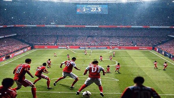 A high-definition image depicting an intense football match between Brest and Monaco, showcasing the contrasting tactics on the field. Capture Brest's players in a structured defensive formation, while Monaco's dynamic, attacking players exhibit flair and elegance. Include a dramatic stadium backdrop with excited fans, snowflakes gently falling, and a scoreboard showing the match date: December 5, 2025. The scene should convey the energy and suspense of the game, highlighting the clash of football philosophies.