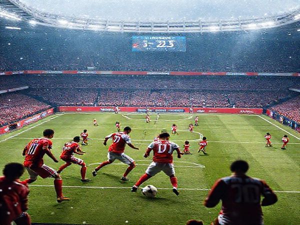 A high-definition image depicting an intense football match between Brest and Monaco, showcasing the contrasting tactics on the field. Capture Brest's players in a structured defensive formation, while Monaco's dynamic, attacking players exhibit flair and elegance. Include a dramatic stadium backdrop with excited fans, snowflakes gently falling, and a scoreboard showing the match date: December 5, 2025. The scene should convey the energy and suspense of the game, highlighting the clash of football philosophies.