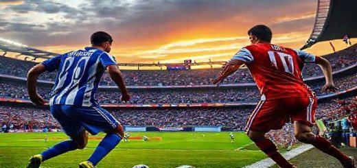 **Image Prompt:** A high-definition scene capturing a tense moment in a football match between Espanyol and Rayo Vallecano at a vibrant Catalan stadium. The image focuses on the two teams' contrasting styles: Espanyol's disciplined players in their blue and white striped jerseys illustrating organization and resilience, while Rayo Vallecano's bold, attacking players in their striking red and white kits embodying dynamic energy and aggression. The fiery atmosphere of fans in the stands, with banners waving, and a dramatic sunset illuminating the pitch enhances the scene of this thrilling La Liga clash in December 2025.