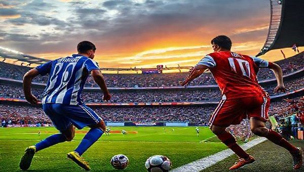 **Image Prompt:** A high-definition scene capturing a tense moment in a football match between Espanyol and Rayo Vallecano at a vibrant Catalan stadium. The image focuses on the two teams' contrasting styles: Espanyol's disciplined players in their blue and white striped jerseys illustrating organization and resilience, while Rayo Vallecano's bold, attacking players in their striking red and white kits embodying dynamic energy and aggression. The fiery atmosphere of fans in the stands, with banners waving, and a dramatic sunset illuminating the pitch enhances the scene of this thrilling La Liga clash in December 2025.