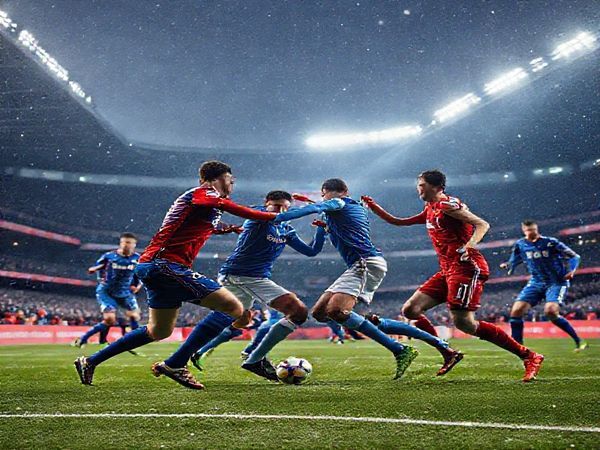 A high-definition image of a dramatic football match at Pittodrie Stadium, under the chilling December sky of 2025. The scene features Aberdeen, clad in their rugged red kits, battling fiercely against Strasbourg in stylish blue uniforms. The stadium is illuminated by vibrant floodlights, with a backdrop of a roaring crowd, snowflakes gently falling. Capture the intensity of the clash, focusing on an epic midfield duel between players, conveying the contrasting styles of brawn versus flair.
