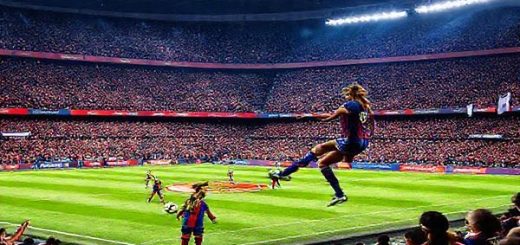 A high-definition image capturing the electric atmosphere of a Women's Champions League match between Barcelona Women and Benfica Women in December 2025, showcasing a vibrant football stadium filled with passionate fans, Barcelona's players in their iconic colors executing a synchronized play, while Benfica's dynamic duo prepares for a counterattack. The scene is filled with energy, showcasing both the finesse of Barcelona's technical play and the fierce resilience of Benfica's spirited defense. Include details like banners, cheering crowds, and intense expressions on the players' faces.