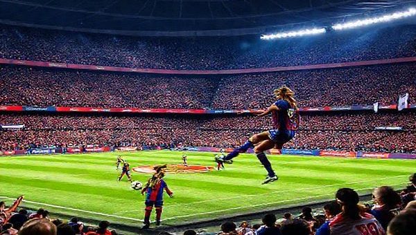 A high-definition image capturing the electric atmosphere of a Women's Champions League match between Barcelona Women and Benfica Women in December 2025, showcasing a vibrant football stadium filled with passionate fans, Barcelona's players in their iconic colors executing a synchronized play, while Benfica's dynamic duo prepares for a counterattack. The scene is filled with energy, showcasing both the finesse of Barcelona's technical play and the fierce resilience of Benfica's spirited defense. Include details like banners, cheering crowds, and intense expressions on the players' faces.