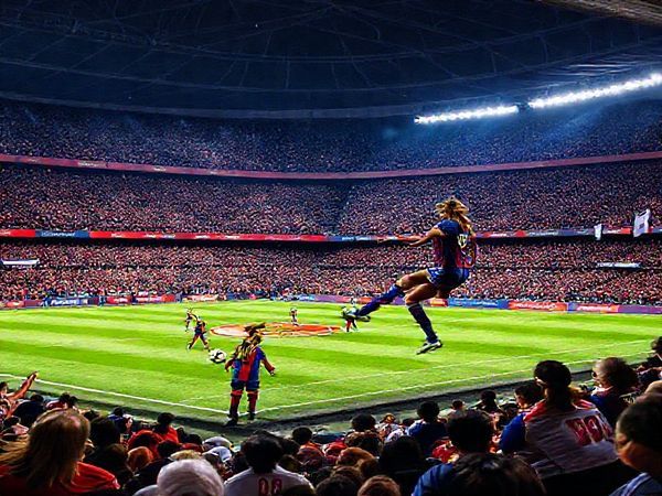 A high-definition image capturing the electric atmosphere of a Women's Champions League match between Barcelona Women and Benfica Women in December 2025, showcasing a vibrant football stadium filled with passionate fans, Barcelona's players in their iconic colors executing a synchronized play, while Benfica's dynamic duo prepares for a counterattack. The scene is filled with energy, showcasing both the finesse of Barcelona's technical play and the fierce resilience of Benfica's spirited defense. Include details like banners, cheering crowds, and intense expressions on the players' faces.