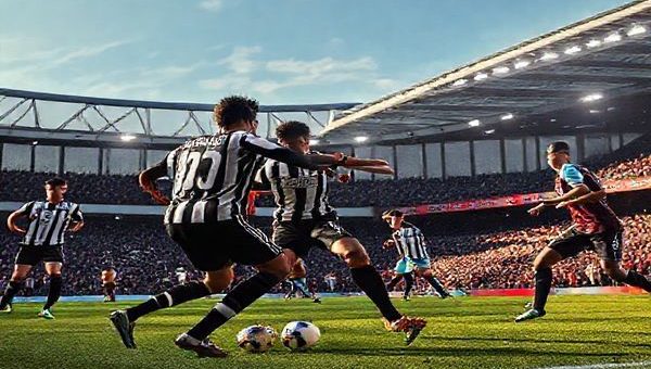 A high-definition image depicting the intense atmosphere of a Premier League match at St. James' Park, showcasing Newcastle United players in their vibrant black and white kits attacking with flair against the disciplined Burnley team in their claret colors. Capture the dynamic action as Miguel Almirón weaves through defenders, while Burnley's Ben Mee stands resolute, creating a vivid contrast of styles. Surround the scene with an electrified crowd, banners waving, and the iconic stadium ambiance under a clear December sky.