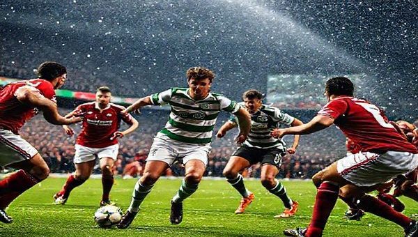 "Create a high definition image capturing the intense rivalry of the Celtic vs. Hearts football match, showcasing Celtic players in their iconic green and white jerseys pressing forward with determination against Hearts’ resolute defenders in maroon. The backdrop should be a vibrant stadium filled with passionate fans, with dramatic winter lighting and snow gently falling from the sky, emphasizing the historic significance and emotional stakes of this Scottish Premiership clash."