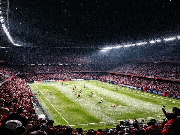 A dramatic night scene of a packed stadium under bright floodlights, showcasing a fiercely contested football match between Freiburg and Red Bull Salzburg. The players are in action, illustrating Freiburg's disciplined formation against Salzburg's aggressive pressing style. Snow lightly falls on the field, adding to the winter atmosphere. Tension and ambition are palpable in the air as fans cheer passionately in vibrant team colors. High definition, with a focus on dynamic movement and intense expressions.