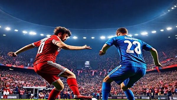 A dramatic football stadium under the vibrant lights of a Champions League night, showcasing the intense clash between Benfica and Napoli. The Benfica players, fierce Eagles, wear their iconic red jerseys and showcase their attacking prowess, while Napoli, in their blue kits, are poised defensively, ready to counterattack. The crowd is a sea of passionate fans, with banners and flags waving, capturing the electric atmosphere. In the foreground, two key players, João Silva and Kalidou Koulibaly, are locked in a fierce duel for control of the ball. The scene is alive with energy and anticipation, set in high definition.