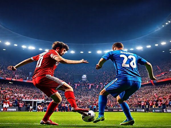 A dramatic football stadium under the vibrant lights of a Champions League night, showcasing the intense clash between Benfica and Napoli. The Benfica players, fierce Eagles, wear their iconic red jerseys and showcase their attacking prowess, while Napoli, in their blue kits, are poised defensively, ready to counterattack. The crowd is a sea of passionate fans, with banners and flags waving, capturing the electric atmosphere. In the foreground, two key players, João Silva and Kalidou Koulibaly, are locked in a fierce duel for control of the ball. The scene is alive with energy and anticipation, set in high definition.