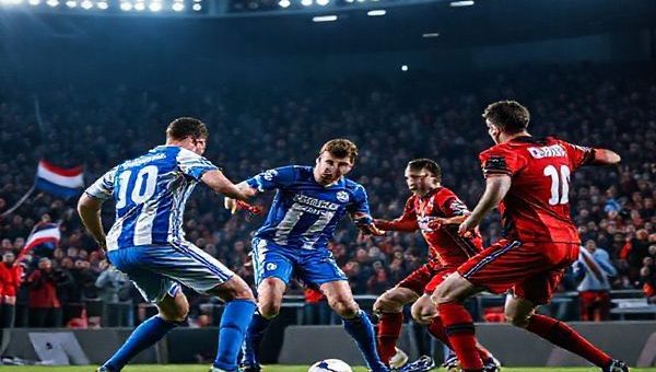 A high-definition image capturing the electric atmosphere of a December night football match: Lech Poznan in their vibrant blue and white kit faces off against Mainz in their bold red and black uniform, the players in dynamic action as they battle for possession in a packed stadium. The background showcases passionate fans wielding flags and scarves, with dazzling stadium lights illuminating the pitch. The scene reflects the intense rivalry and tactical clash between structured defense and fluidity, embodying the spirit of underdogs competing on the European stage.