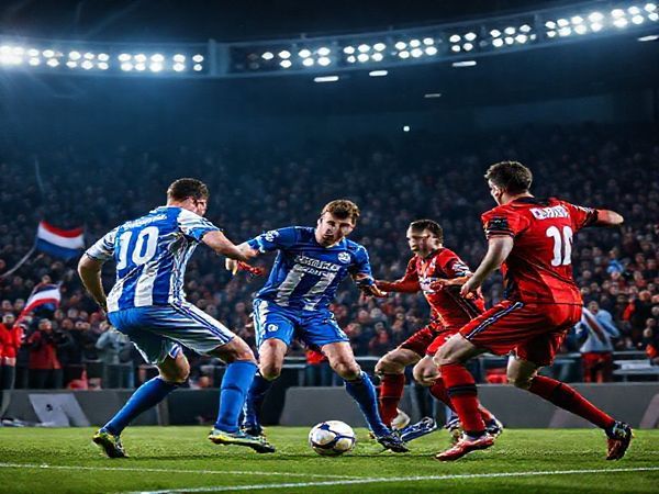 A high-definition image capturing the electric atmosphere of a December night football match: Lech Poznan in their vibrant blue and white kit faces off against Mainz in their bold red and black uniform, the players in dynamic action as they battle for possession in a packed stadium. The background showcases passionate fans wielding flags and scarves, with dazzling stadium lights illuminating the pitch. The scene reflects the intense rivalry and tactical clash between structured defense and fluidity, embodying the spirit of underdogs competing on the European stage.