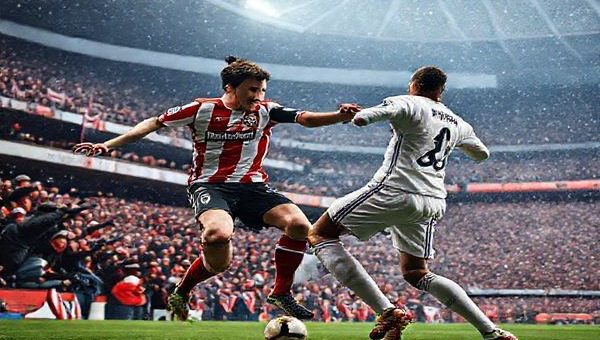 A high-definition image capturing the electrifying atmosphere of San Mamés Stadium on a brisk December day. Depict the iconic clash between Athletic Bilbao and Real Madrid, featuring passionate fans clad in Bilbao's red and white stripes and Madrid's regal white. Showcase players like Iker Muniain and Vinícius Jr. in dynamic poses, highlighting a gripping midfield battle. The backdrop should be filled with banners, flags, and the vibrant energy of the crowd, illustrating the intense rivalry and the spirit of La Liga.